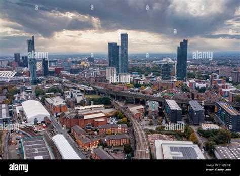 Aerial View Of Manchester City In Uk Stock Photo Alamy