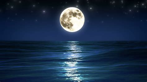 Sea And Full Moon Night Sky With Flashing Stars