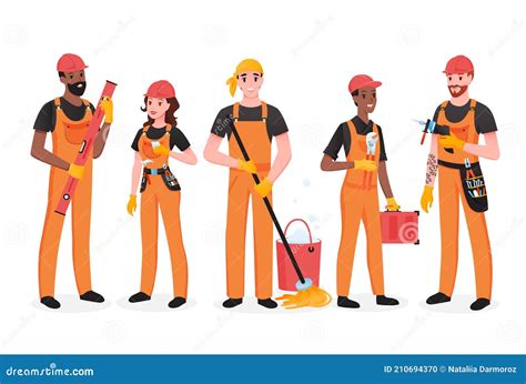 Repairman Team Of People Set Happy Workers Of Maintenance Repair