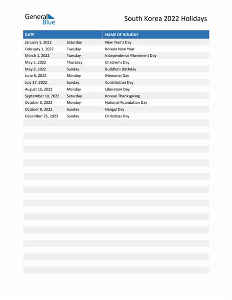 2022 South Korea List Of Holidays In Pdf Word And Excel