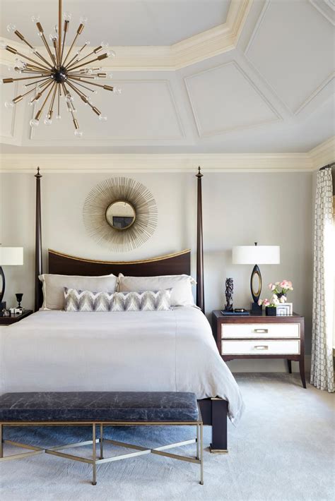 Gray Master Bedroom With Tray Ceiling And Modern Details
