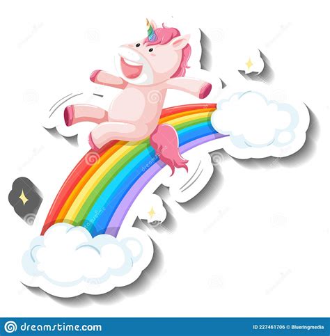 Cute Unicorn Slide On Rainbow Cartoon Sticker Stock Vector