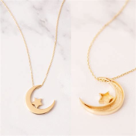 14k 18k Real Gold Moon And Star Necklace Crescent Moon And Etsy