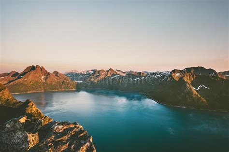 Norway Landscape Mountains Over Fjord Sunset Landscape Aerial View