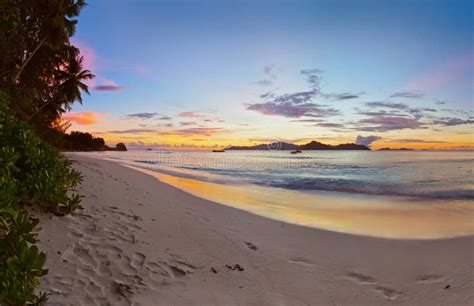 Sunset On Tropical Beach Seychelles Stock Photo Image Of Rock