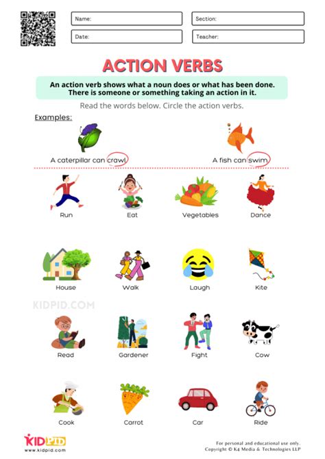 identify action verbs printable worksheets  grade  kidpid
