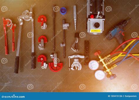 Various Type Of Tools Against For Install Air Conditioner Stock Photo