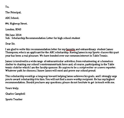 High School Student Letter Of Recommendation For Scholarship Template