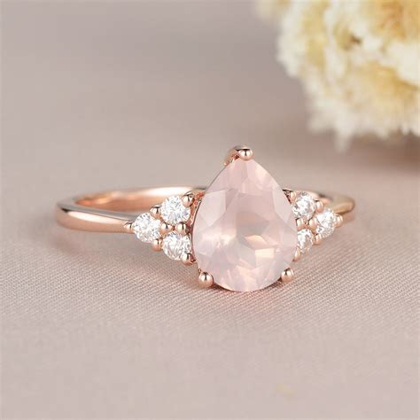 pear shaped rose quartz engagement ring rose gold ring cluster etsy