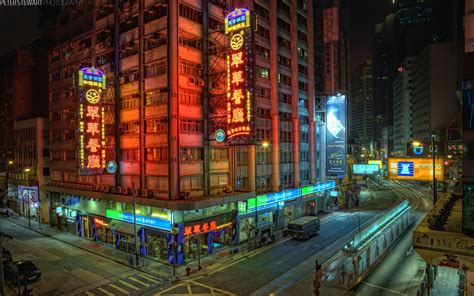 Cityscapes Streets Buildings Crossing Hong Kong City Lights