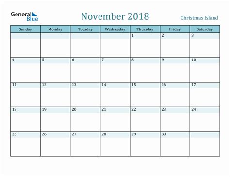 Christmas Island Holiday Calendar For November 2018