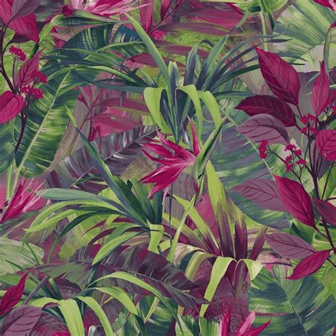 Grandeco Jungle Leaves Wallpaper Tropical Leaf Design Green And Pink Jf2303