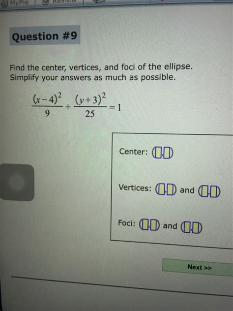 For two given points, the foci, an ellipse is the locus of points such that the sum of the distance to each focus is constant. Solved: Find The Center, Vertices, And Foci Of The Ellipse ...