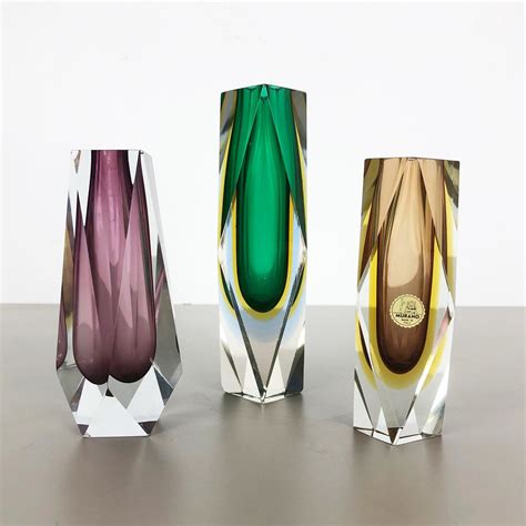 Rare Set Of 3 Faceted Murano Glass Sommerso Vases Italy 1970s 103617