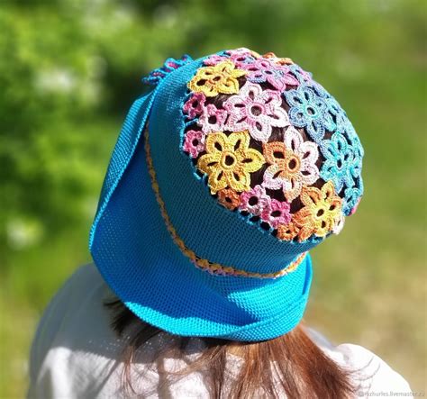 Летняя женская шляпка панама вязаная крючком с цветами в интернет