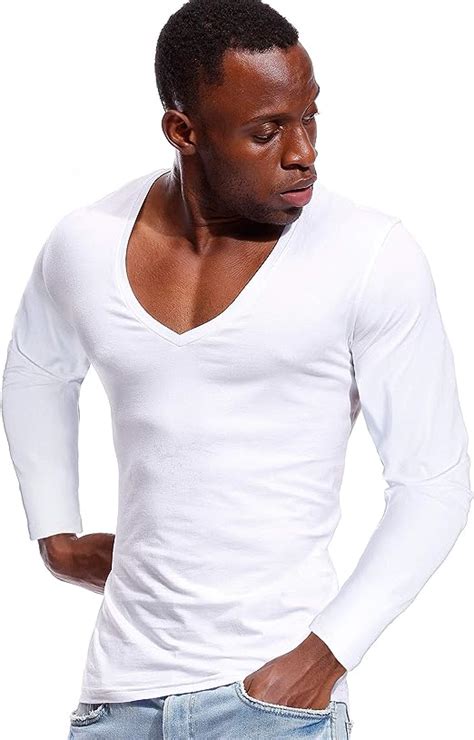 Deep V Neck Shirt Men Long Sleeve Stretch T Shirt Low Cut Undershirt