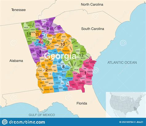 Georgia State Counties Colored By Congressional Districts Vector Map