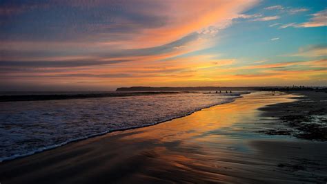 Ocean Waves Beach Sand Under Yellow Blue Clouds Sky During Sunset Hd