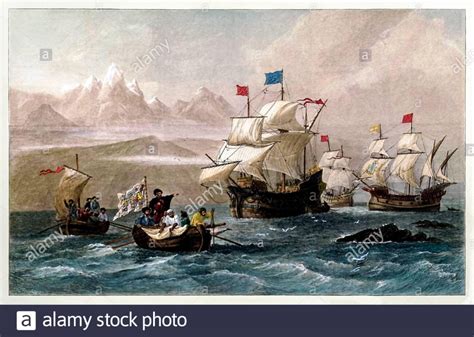 An Old Painting Shows Ships In The Ocean With Mountains In The