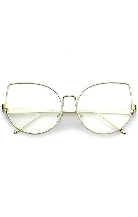 Oversize Slim Metal Frame Clear Flat Lens Cat Eye Glasses 63mm