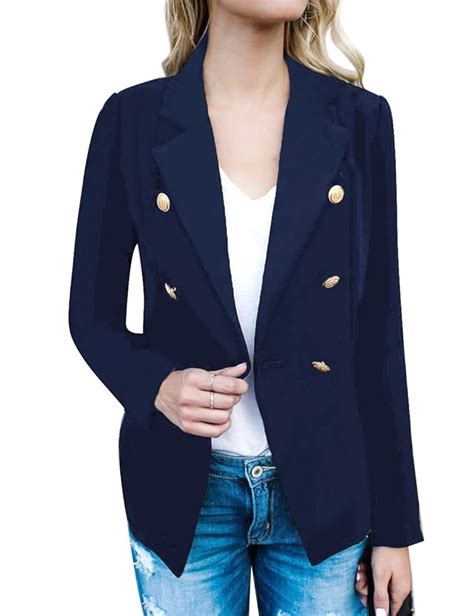 Buy Luvamia Women S Navy Blue Casual Long Sleeve Lapel Double Breasted