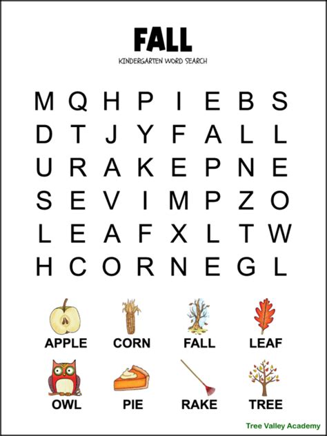 Fall Word Search For Kindergarten Tree Valley Academy