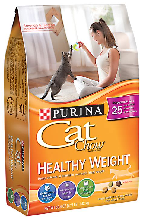 Pet food manufacturers tend to base weight loss programs for cats on human models and owner convenience. Purina Cat Chow Healthy Weight Cat Food 3.15 lb. Bag
