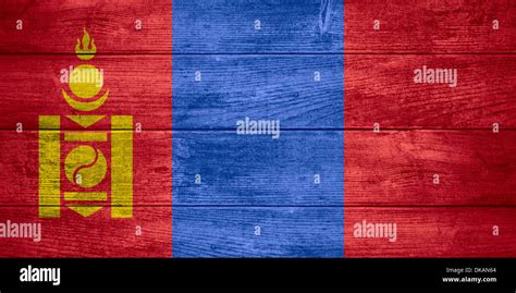 Flag Of Mongolia Or Mongolian Banner On Wooden Background Stock Photo