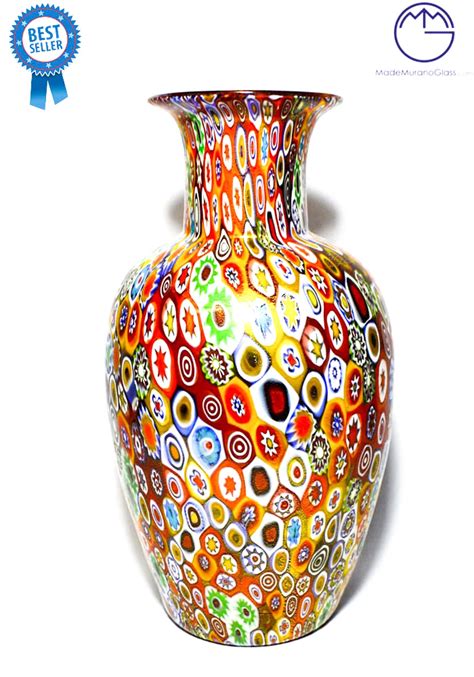 Big Murano Glass Vase With Murrina Millefiori And Gold Leaf 24kt Made