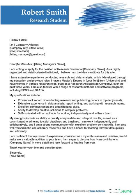 Research Student Cover Letter Examples Qwikresume