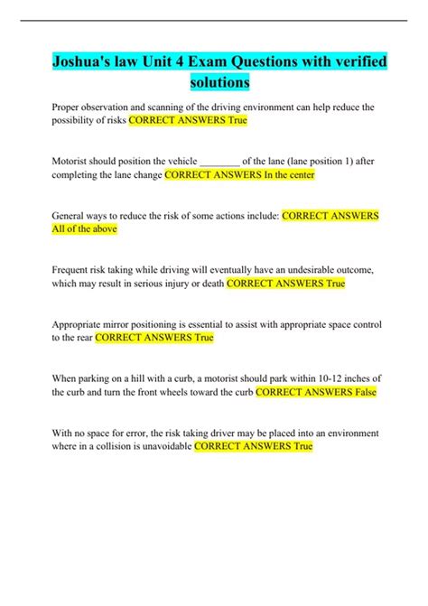 Joshua's law Unit 4 Exam Questions with verified solutions - Joshua\'s