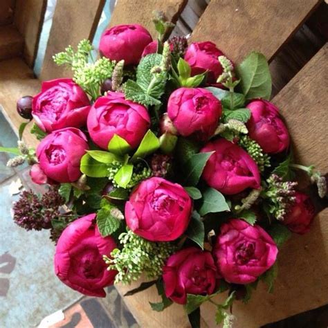 A Gorgeous Scented Posy Of Cerise Pink Peonies Mint Flower Sedum And