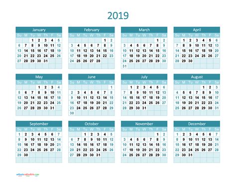 Yearly Calendar 2019 Printable Full Year Calendar 2019 Theme