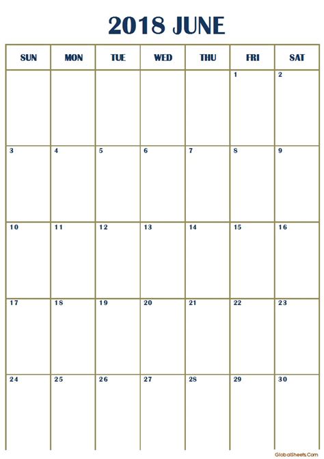 June 2018 Monthly Calendar Printable