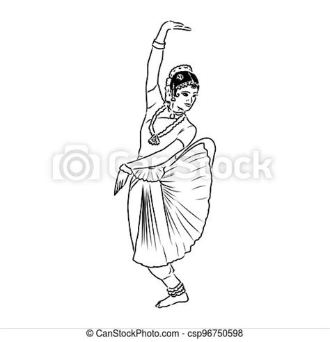 Outline Sketch Of Indian Woman Dancer Dancing Indian Dance Vector