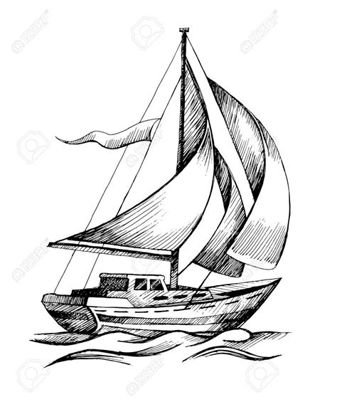 Sailboat Drawing Sketch Sailing Ship Vector Sketch Isolated With Waves