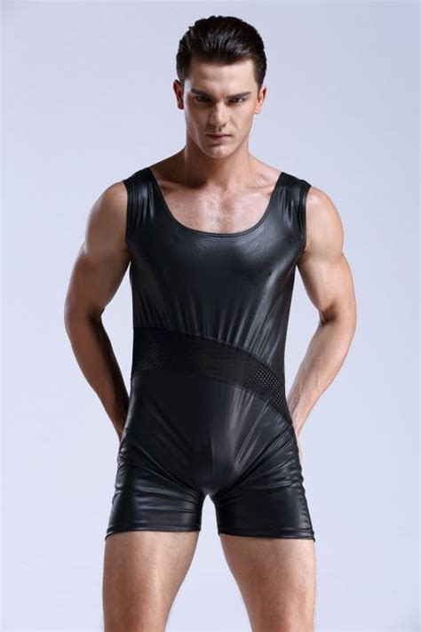 Mens Black Patent Leather Leotard Faux Leather Latex Catsuit Sexy