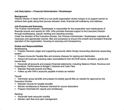 Financial administrator job description template. 10+ Bookkeeper Job Description Templates - Free Sample ...