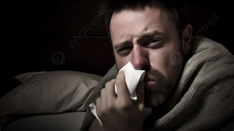 Sickness Causes A Man To Blow On A Tissue Background Sick People