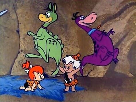 Bamm Bamm Showing Pebbles His Strength Holding Dino And Hoppy Flintstones Cartoon Tv Shows