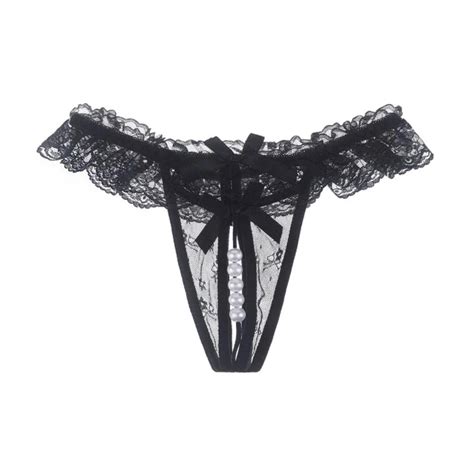 Women See Through Japanese Hot Open Crotch G String Briefs Lace Crotchless Pearl Underwear