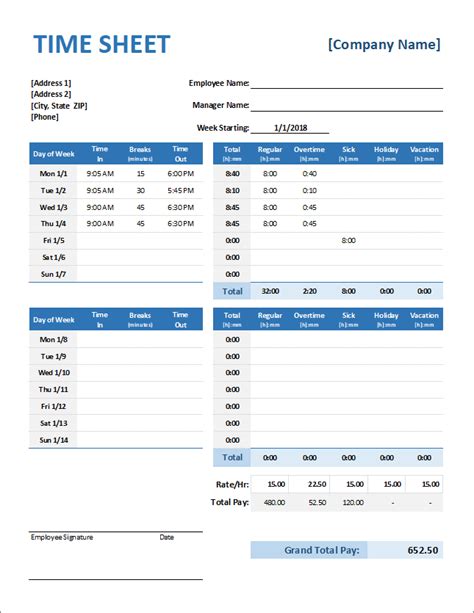 Free Excel Timesheet Template With Formulas Zitemplate Timecard In
