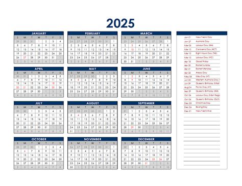 2025 Australia Annual Calendar With Holidays Free Printable Templates
