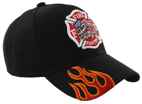 Fire Dept Fire Fighter Side Flames Ball Cap Hat Black Mens Hats