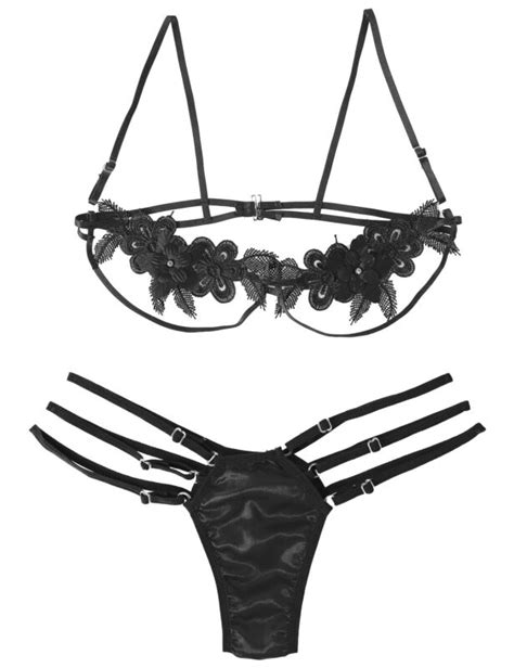 Sexy Women Strappy Lingerie Set Open Cup Shelf Bra Crotchless G String