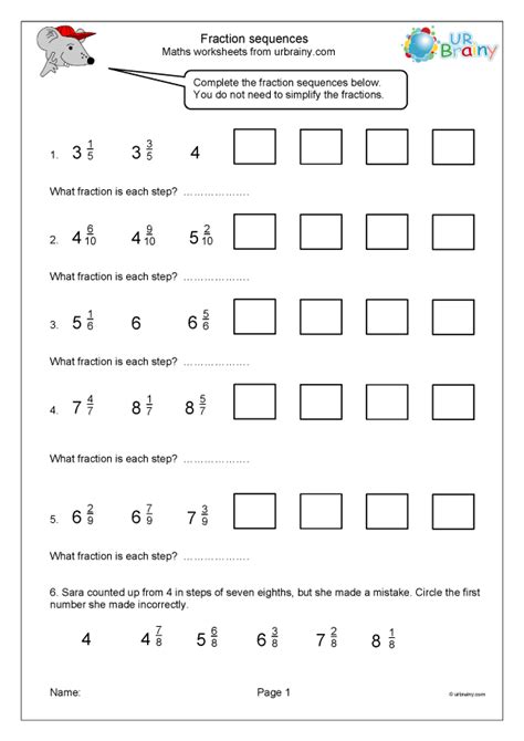 Fraction Sequences Fraction And Decimal Worksheets For Year 5 Age 9