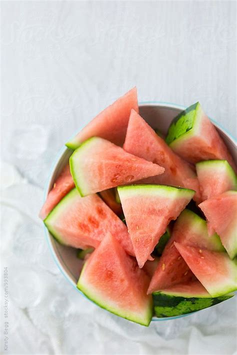 Small Wedges Of Watermelon In A Bowl Overhead With Copy Space By