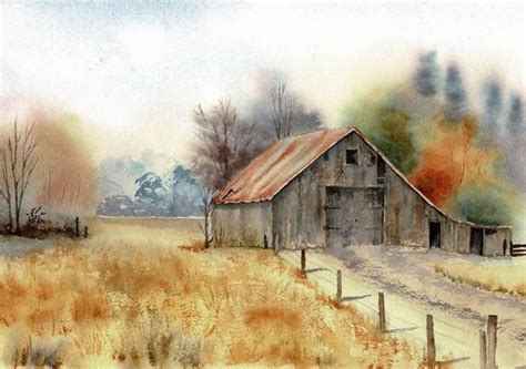 Original Watercolour Original Barn Painting Autumn Barn Barn In The