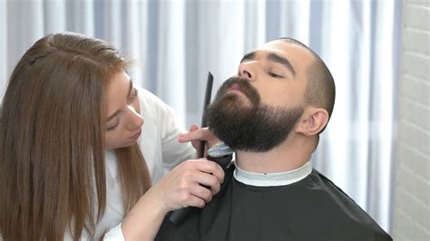Beard Grooming Process Female Barber At Work Basics Of Barbering Stock Video Footage