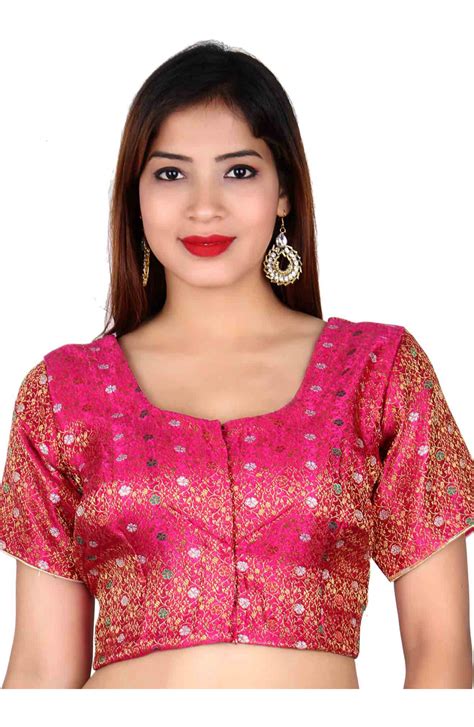 Fuchsia Indian Ready Made Saree Blouse In Pink Brocade Fabric Top Choli Ideal Contrast Match